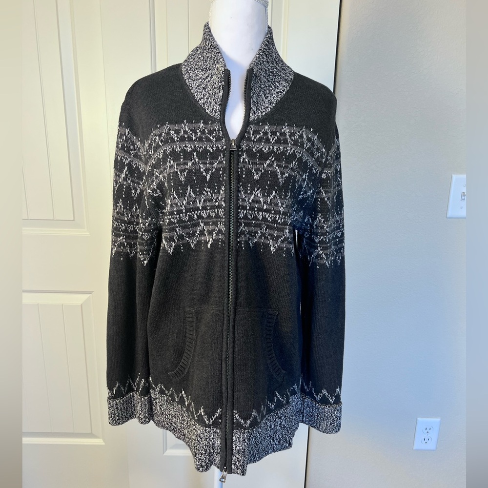 Eddie Bauer Sweater Jacket Zip Pocket Cotton Nordic Fair Isle Cardigan Sz Lrg
